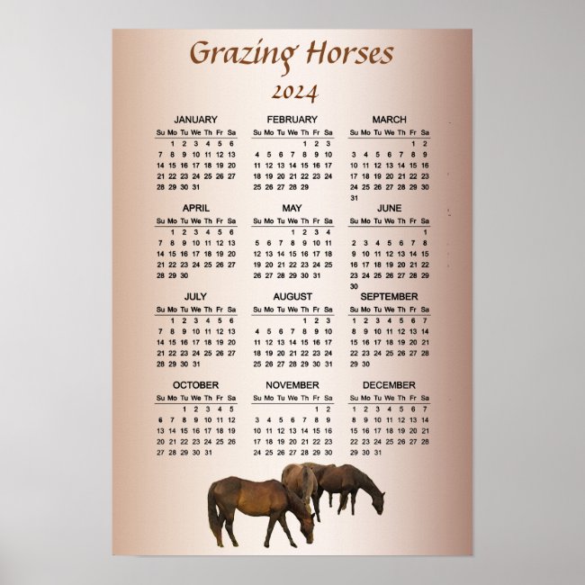 Grazing Brown Horses 2024 Animal Calendar Poster