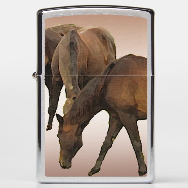 Grazing Brown Horses Animal Abstract Zippo Lighter (Front)
