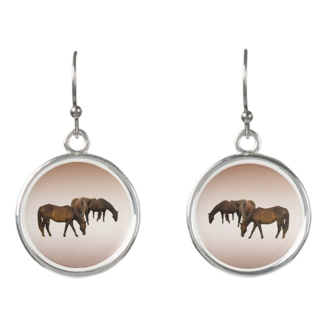 Grazing Brown Horses Animal Drop Earrings (Front)