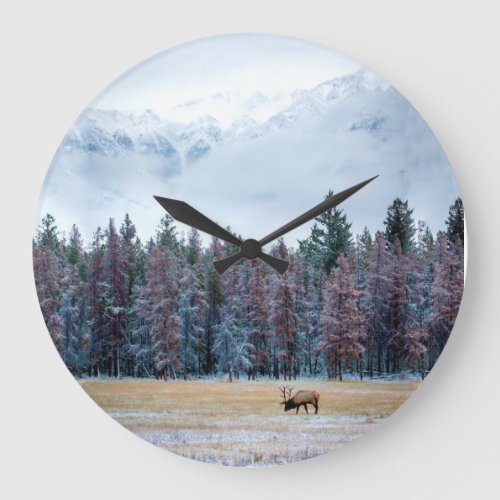 Grazing elk winter landscape large clock