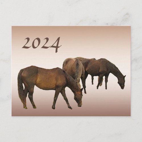 Grazing Horses 2024 Calendar on Back Postcard