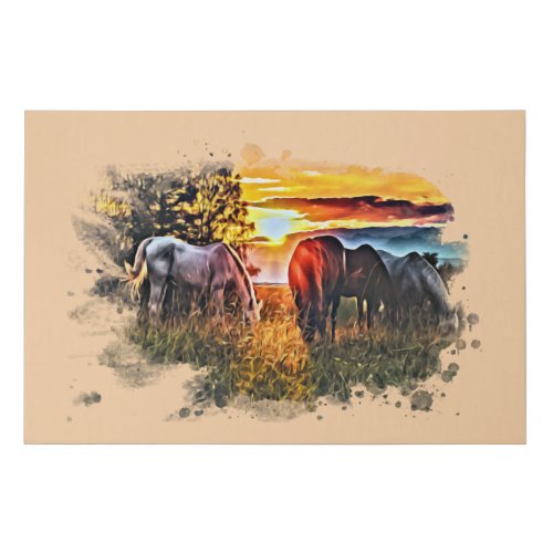  Grazing Horses Sunset Watercolor Equine AR22 Faux Canvas Print