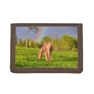 Grazing Palomino Paint Horse and Rainbow Photo Tri-fold Wallet