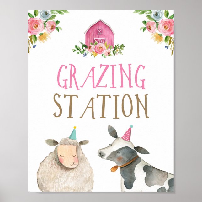Grazing Station Farm Animals Barn Girl Birthday Poster (Front)