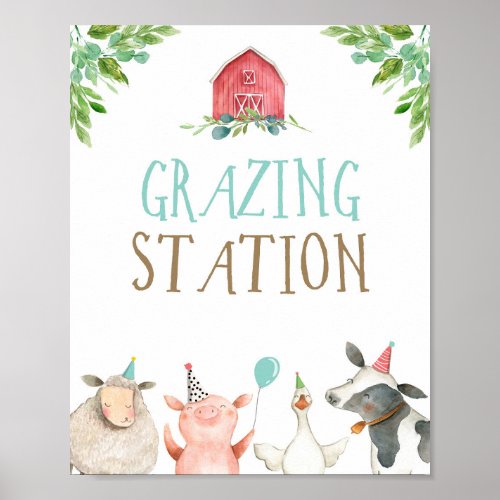 Grazing Station Farm Animals Barnyard Boy Birthday Poster