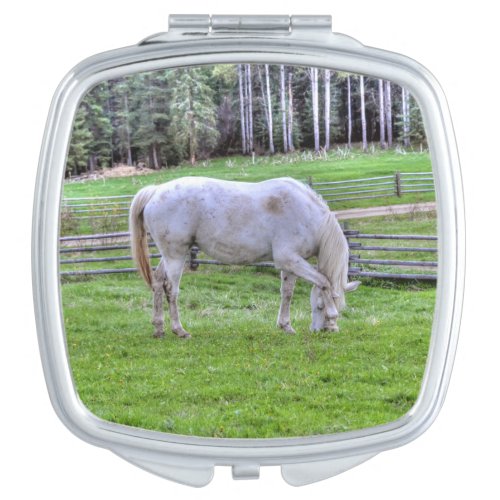 Grazing White Mare Horse  Spring Grass Photo Compact Mirror