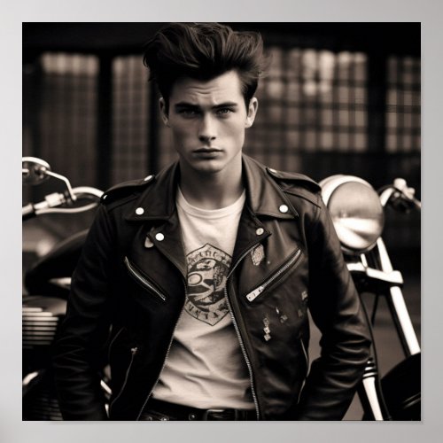 Greaser Punk Man in front of Motorcycle Poster