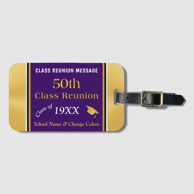 Great 50th Class Reunion Gift Ideas, Purple, Gold Luggage Tag (Front Horizontal)