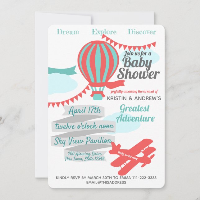 Great Adventure Hot Air Balloon and Airplane Invitation (Front)