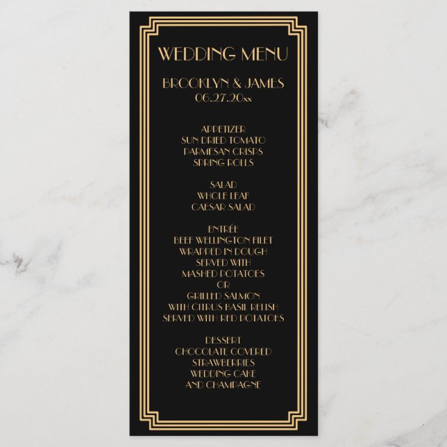 Great Art Deco Black Gold Wedding Menu Card (Front)