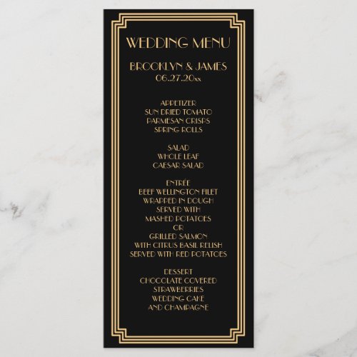 Great Art Deco Black Gold Wedding Menu Card