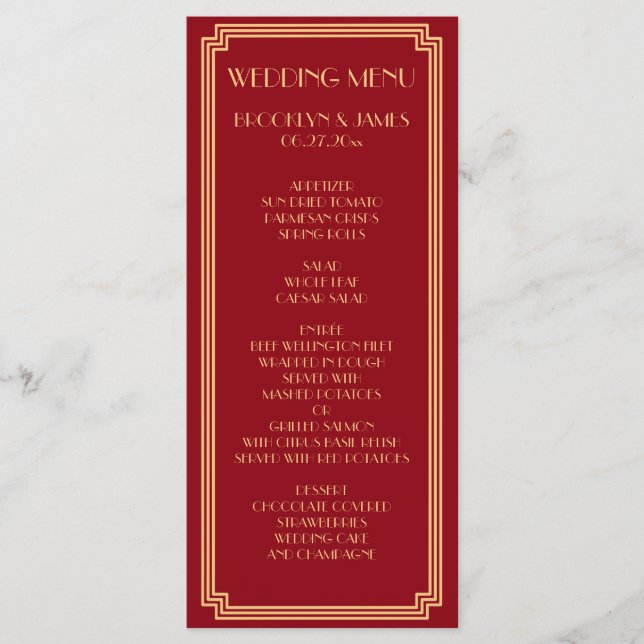Great Art Deco Red Gold Wedding Menu Card (Front)