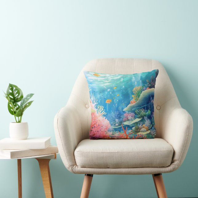 Great Barrier Reef Watercolor Throw Pillow (Chair)