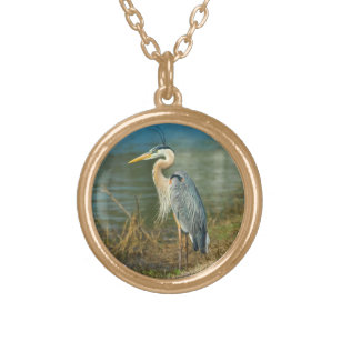 Great Blue Heron at the Pond Gold Plated Necklace