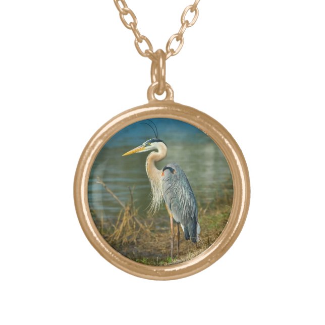 Great Blue Heron at the Pond Gold Plated Necklace (Front)