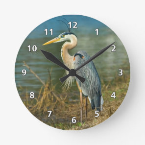 Great Blue Heron at the Pond Round Clock