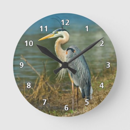 Great Blue Heron At The Pond Round Clock