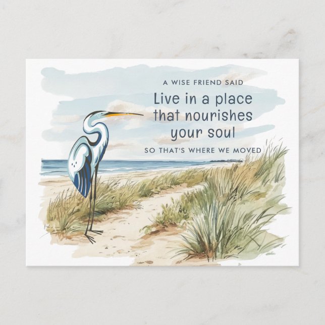 Great Blue Heron Beach Scene New Address Announcement Postcard (Front)