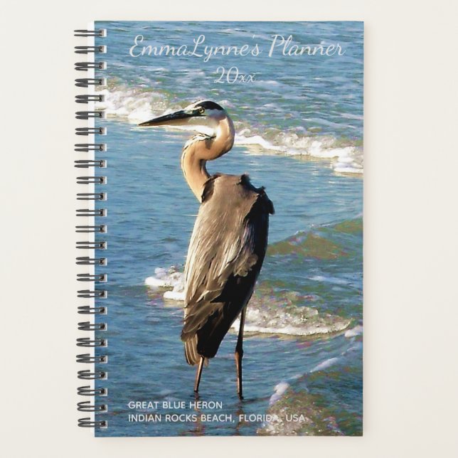Great Blue Heron Bird Fishing Coastal Waves Planner (Front)