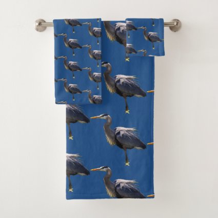 Great Blue Heron Bird Pattern Bath Towel Set