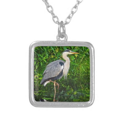 Great Blue Heron Bird Wildlife Photo Silver Plated Necklace