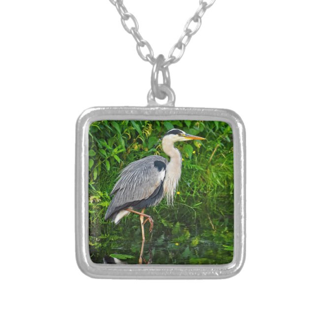 Great Blue Heron Bird Wildlife Photo Silver Plated Necklace (Front)