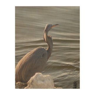 Great Blue Heron by the Water Wood Wall Art