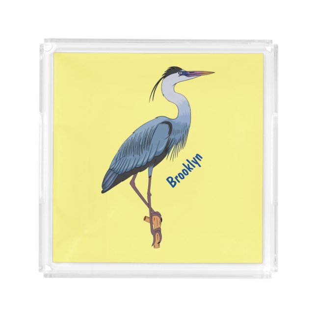 Great blue heron cartoon illustration  acrylic tray (Front)