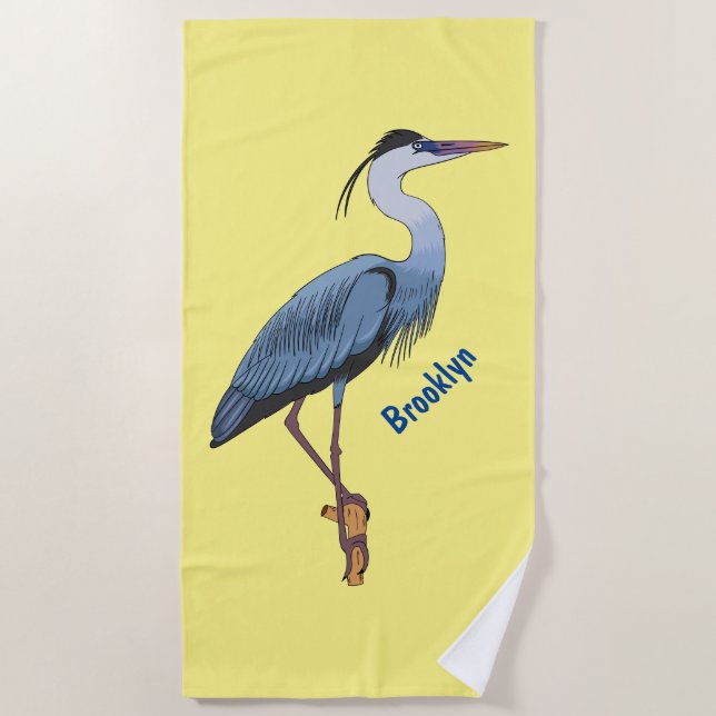 Great blue heron cartoon illustration beach towel (Front)