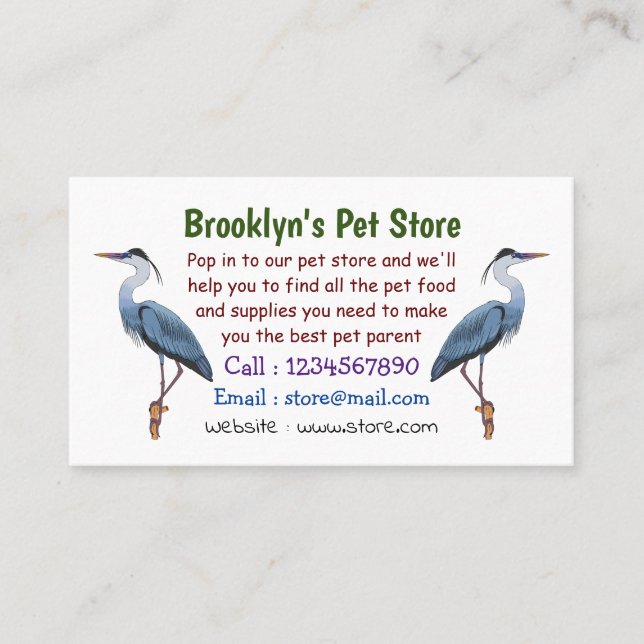Great blue heron cartoon illustration business card (Front)