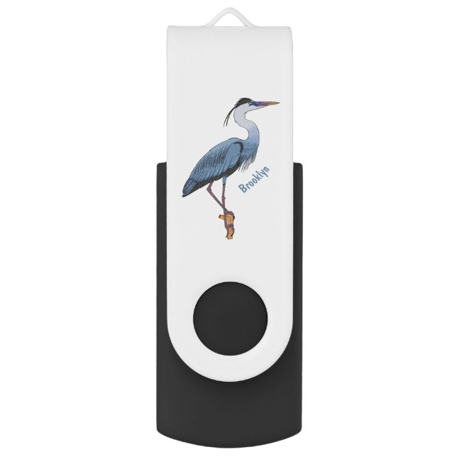 Great blue heron cartoon illustration flash drive (Front Vertical)