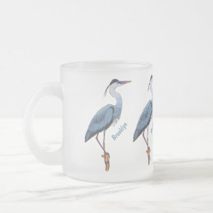 Great blue heron cartoon illustration frosted glass coffee mug