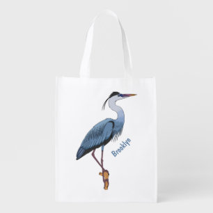 Great blue heron cartoon illustration grocery bag