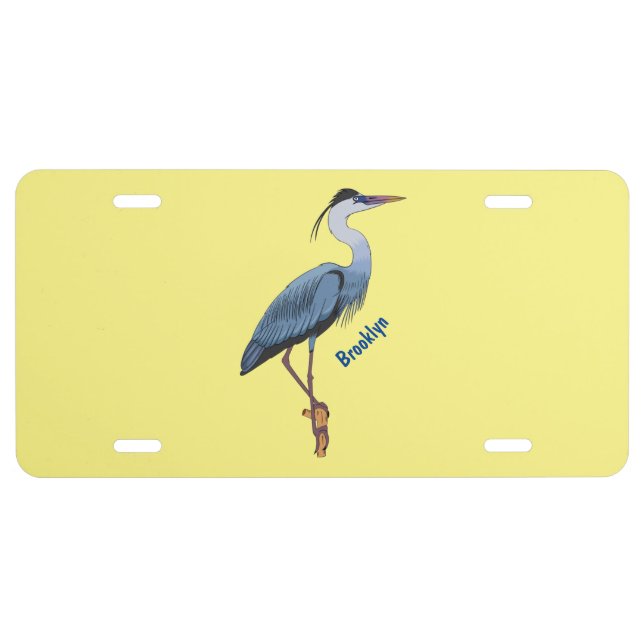 Great blue heron cartoon illustration license plate (Front)