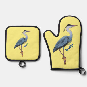 Great blue heron cartoon illustration oven mitt & pot holder set