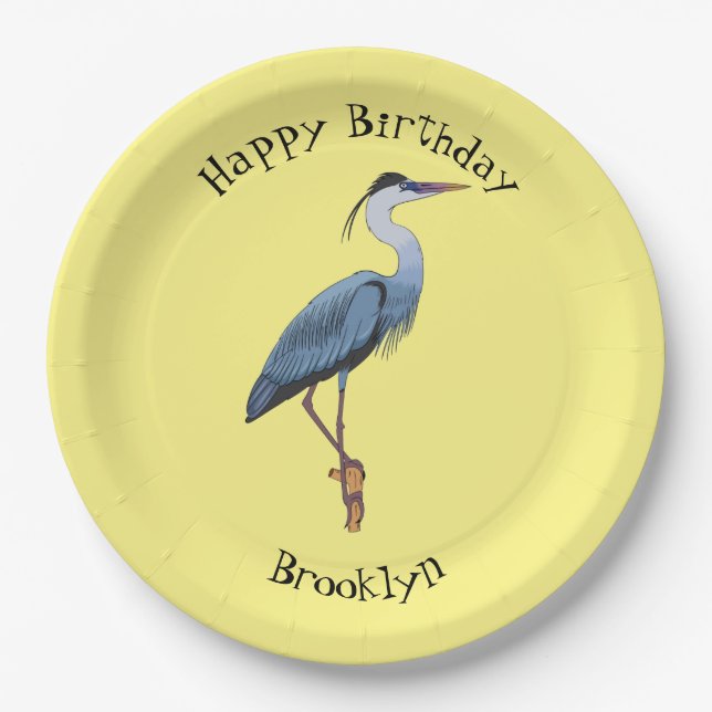 Great blue heron cartoon illustration paper plates (Front)