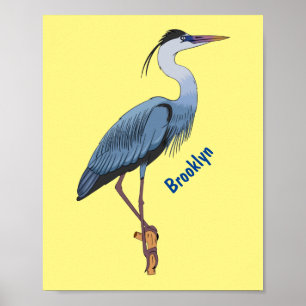 Great blue heron cartoon illustration poster