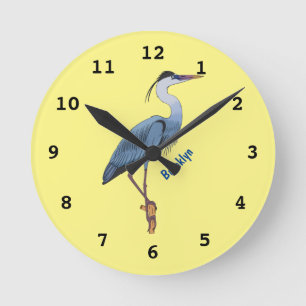 Great blue heron cartoon illustration round clock
