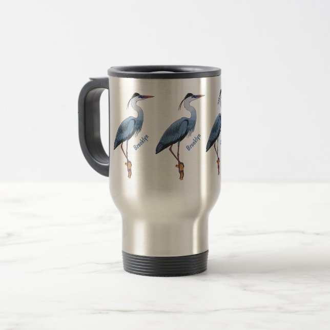 Great blue heron cartoon illustration travel mug (Front Left)