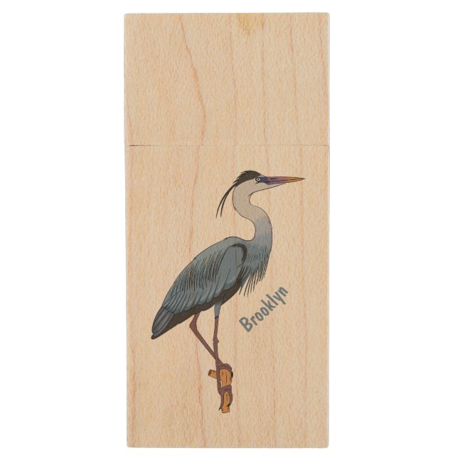 Great blue heron cartoon illustration wood flash drive (Front Vertical)