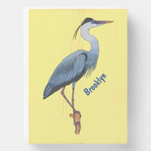 Great blue heron cartoon illustration wooden box sign