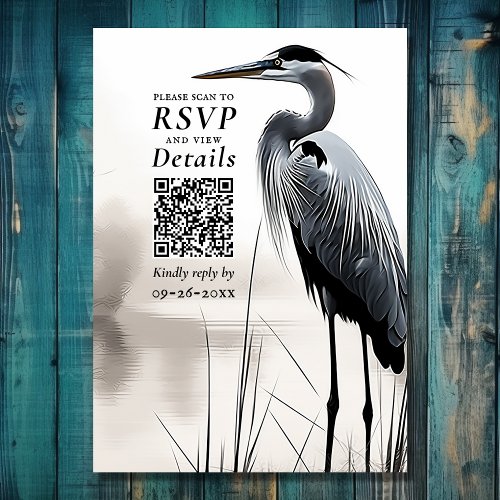 Great Blue Heron Coastal Bird QR Code Wedding RSVP Card