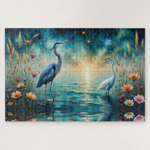 Great blue Heron & Egret flowers in water Jigsaw Puzzle