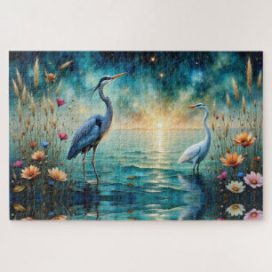 Great blue Heron & Egret flowers in water Jigsaw Puzzle