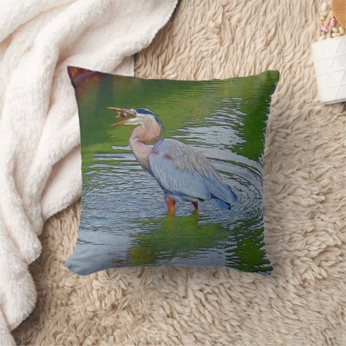Great Blue Heron Fishing Throw Pillow