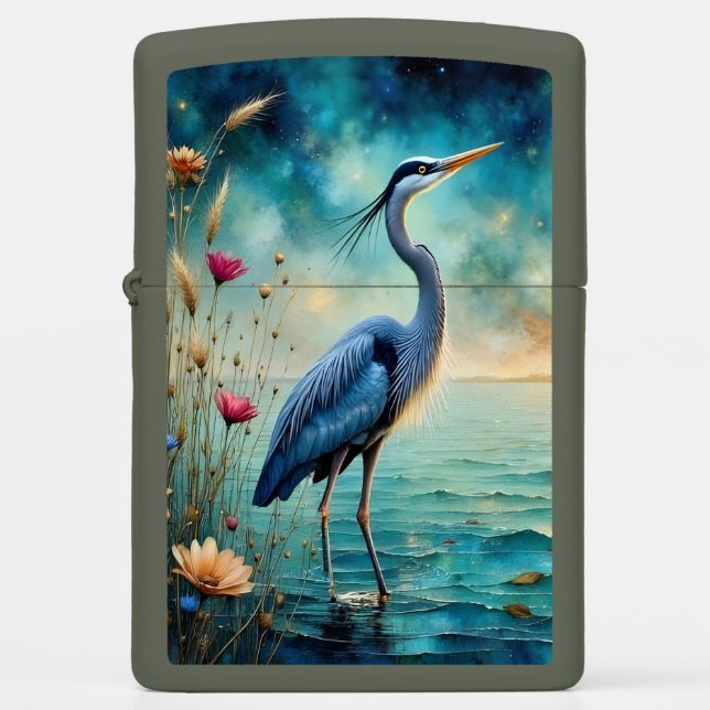 Great blue Heron & flowers in water Zippo Lighter (Front)