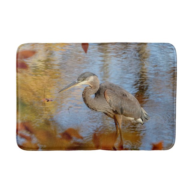 Great Blue Heron framed with fall foliage Bath Mat (Front)