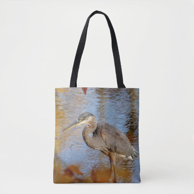 Great Blue Heron framed with fall foliage Tote Bag (Front)