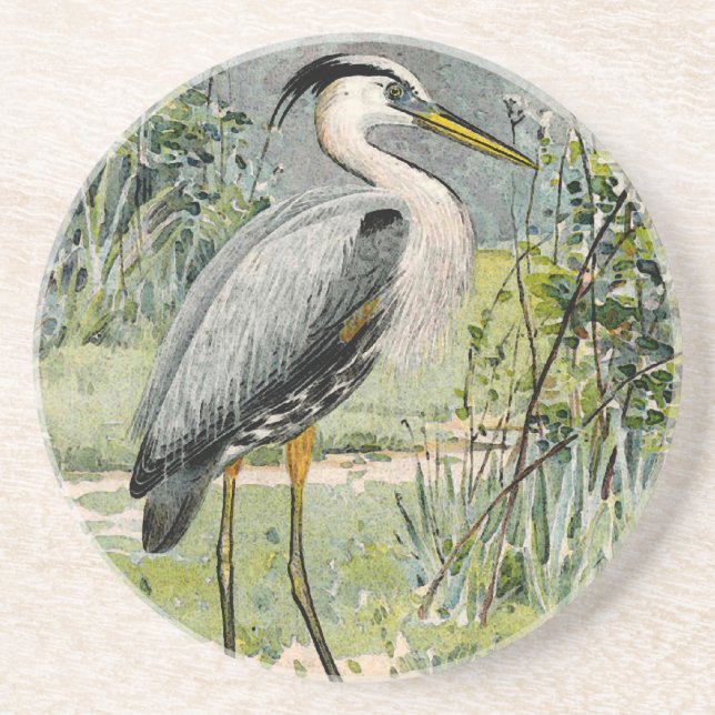 Great Blue Heron Illustration Drink Coaster (Front)