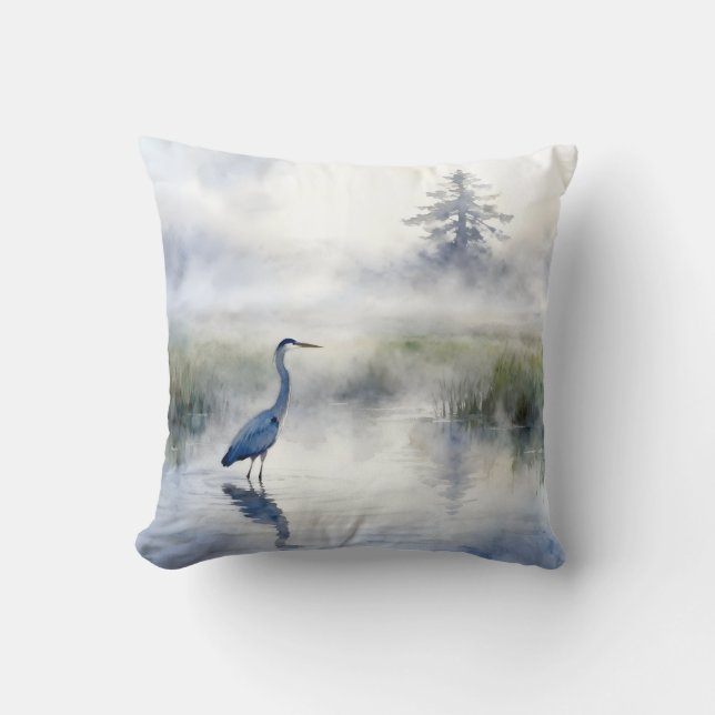 Great Blue Heron in a Salt Marsh Throw Pillow (Front)